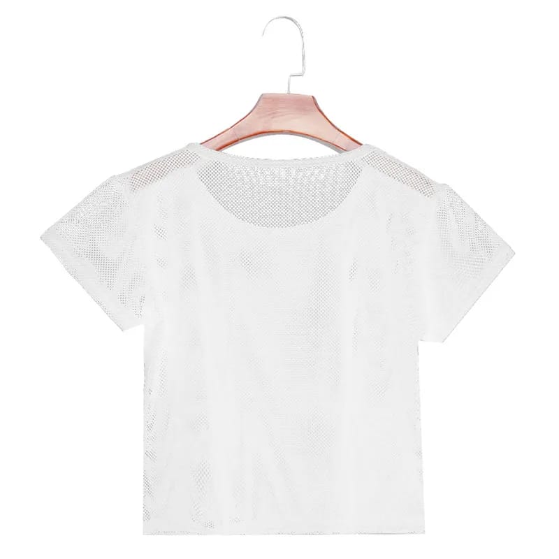 Remera Top de Yoga Sexy para Mujer, Manga Corta, de Malla, Ropa Deportiva de Secado Rápido para Gimnasio, Running y Fitness.